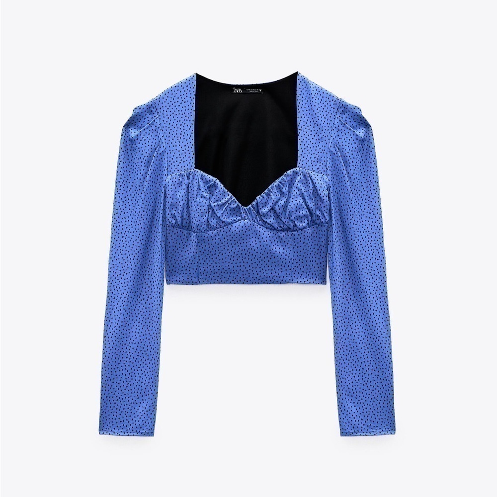 Zara Satin Blue Dot Cropped Long Sleeve Top ✨ - Picture 4 of 12